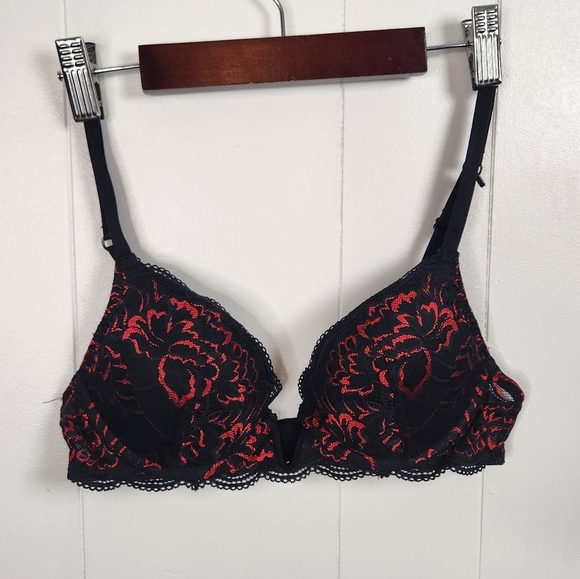 La SENZA Other - La Senza Obsession Black Red Lace Bra Plunge Underwire Padded Push-Up 34A sexy